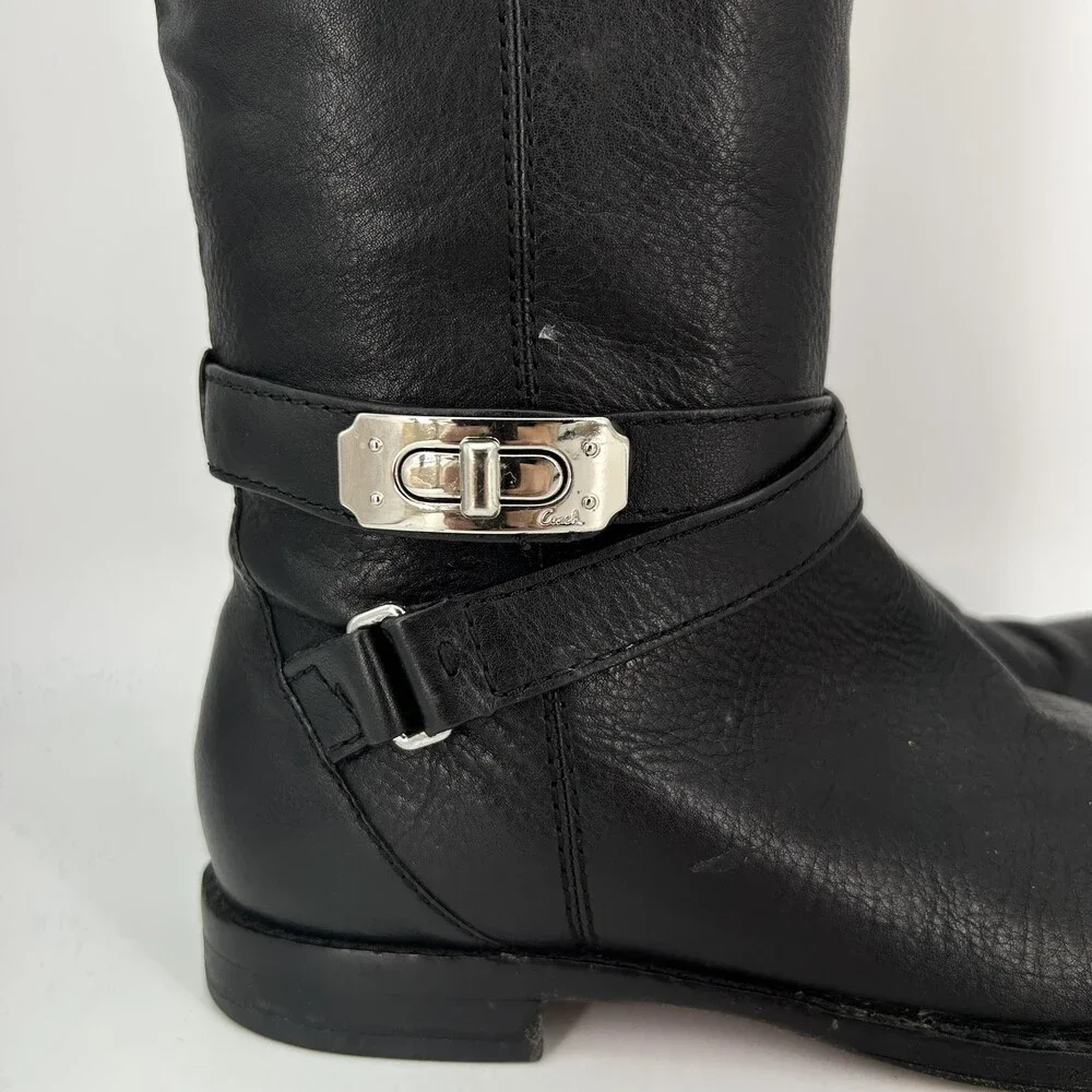 Coach Boots Womens Size 6.5 Christine Black Leather Riding Knee High Buckle